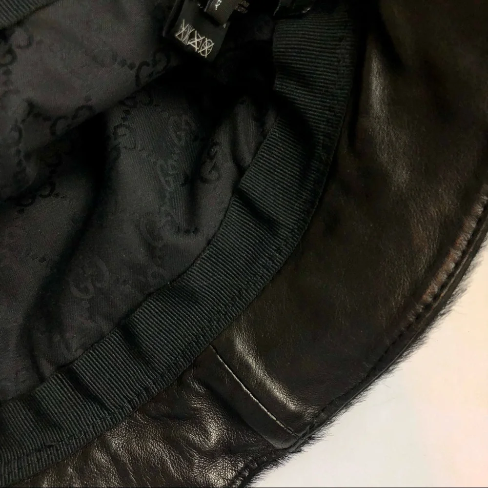 GUCCI Black Leather Fur Bucket GG Logo Hat M - Picture 10 of 16